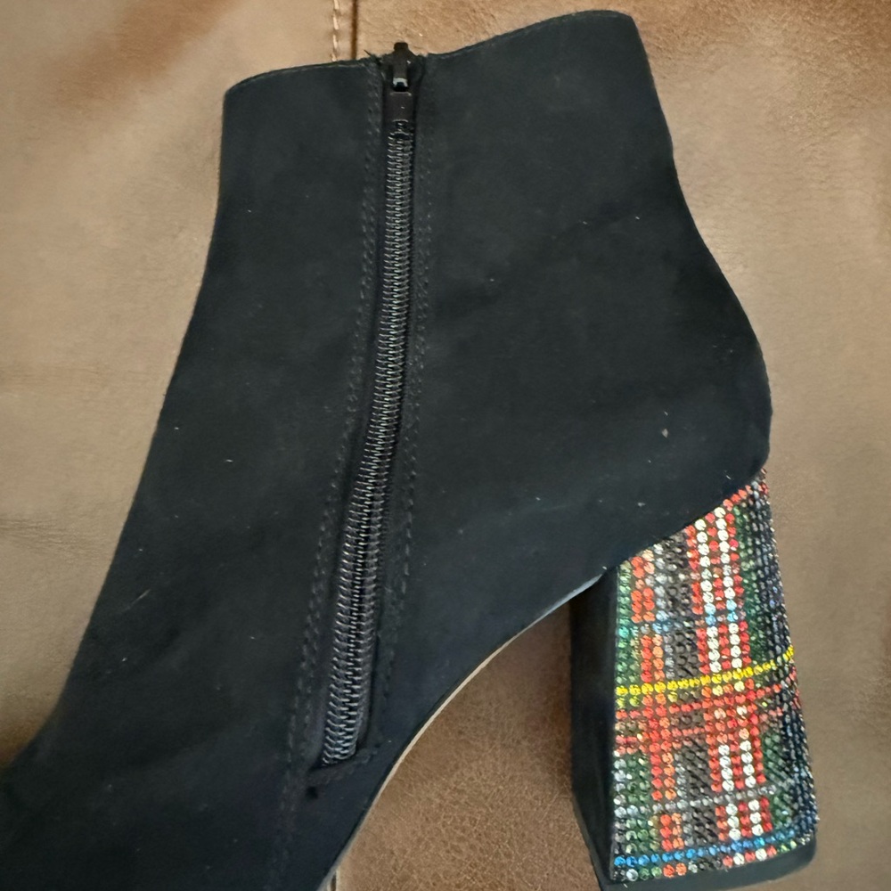 Betsey Johnson | Black Suede Boots with Multi Color Heel - Picture 9 of 11